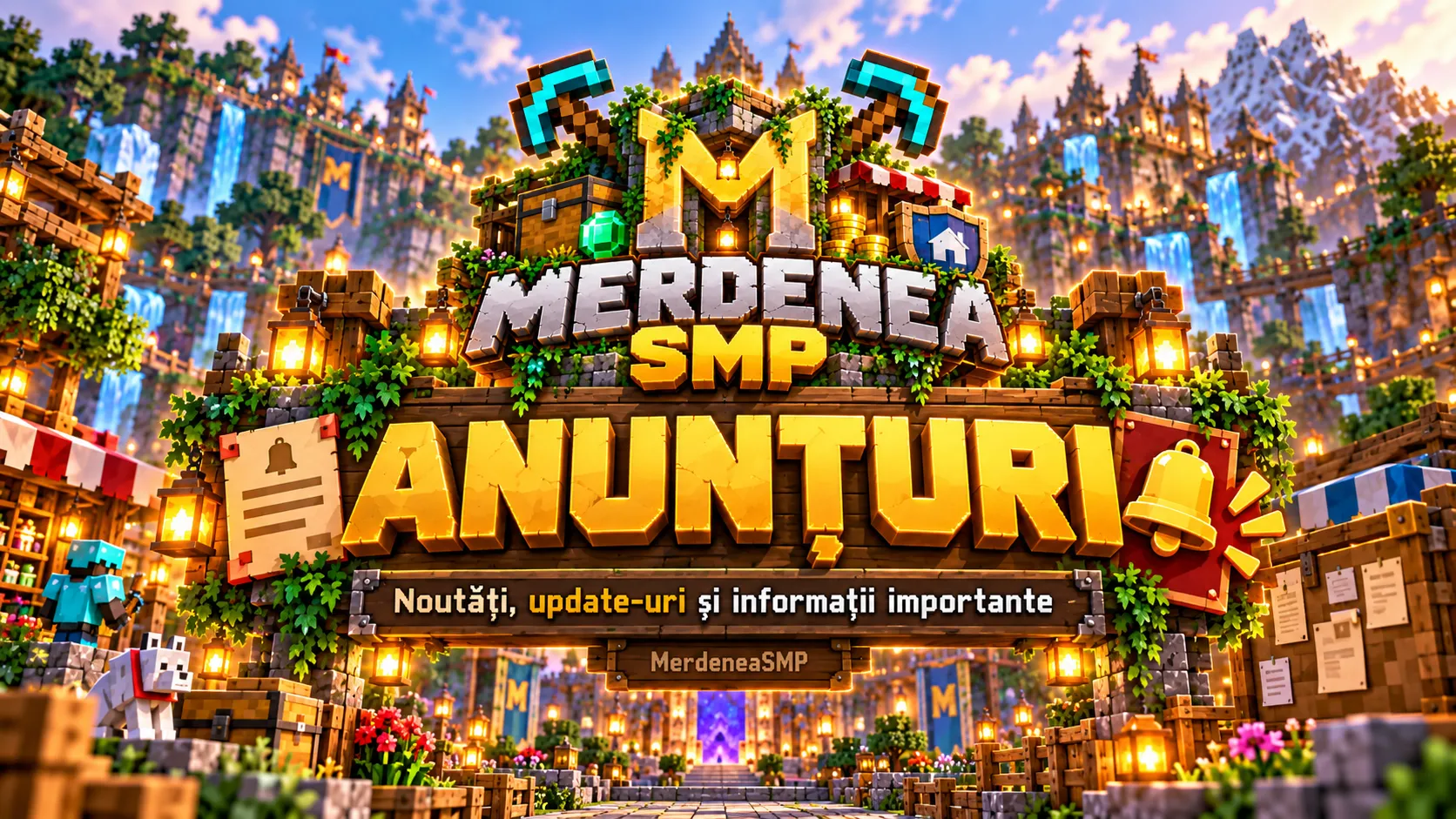 Banner MerdeneaSMP „Anunțuri: noutăți, update-uri și informații importante”.