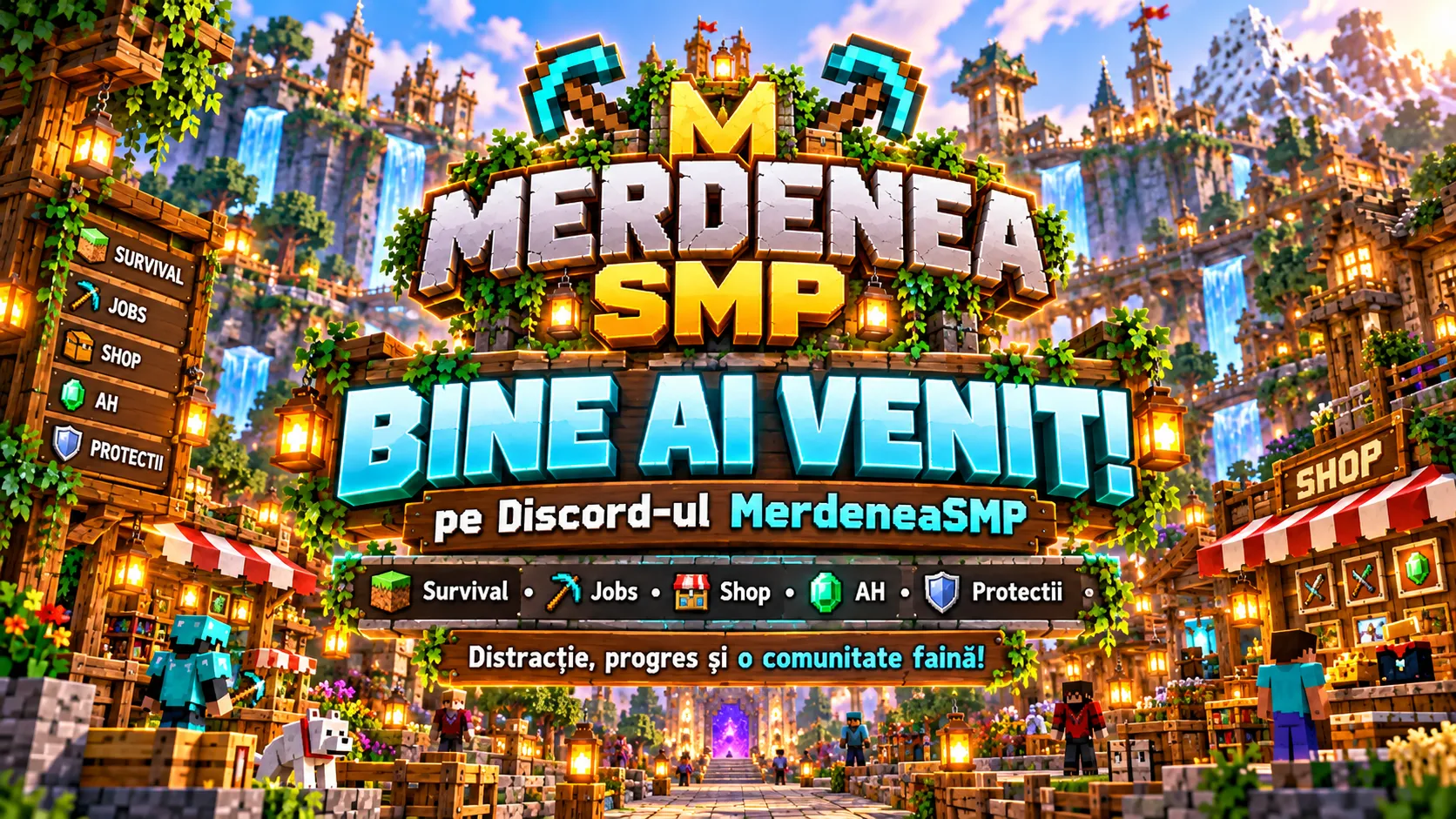 Banner MerdeneaSMP: „Bine ai venit pe Discord-ul MerdeneaSMP”.