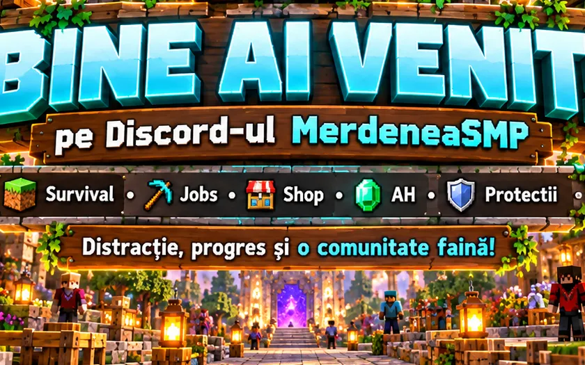 Banner „Bine ai venit pe Discord-ul MerdeneaSMP”.