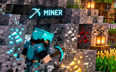 Un jucător cu armură de diamant minează minereuri lângă eticheta MINER.