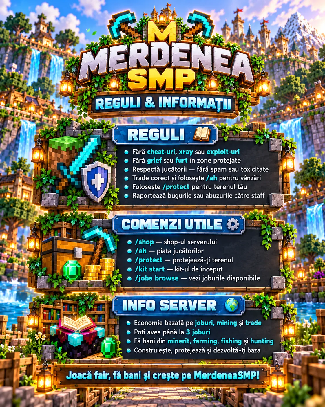 Afișul MerdeneaSMP „Reguli & Informații”: fără cheat-uri, fără grief, respect, trade corect prin /ah, /protect pentru teren și raportarea bug-urilor, plus comenzile utile.